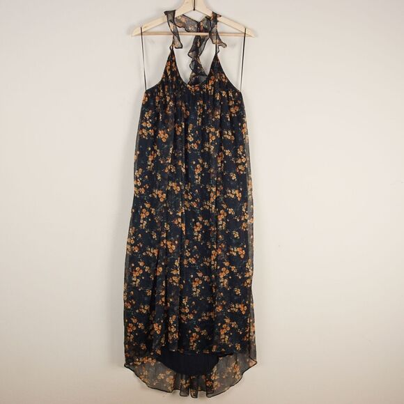 Zara Floral Print Chiffon Racer Blue Flowy Ruffle Summer Maxi Dress Sz M - Picture 1 of 14
